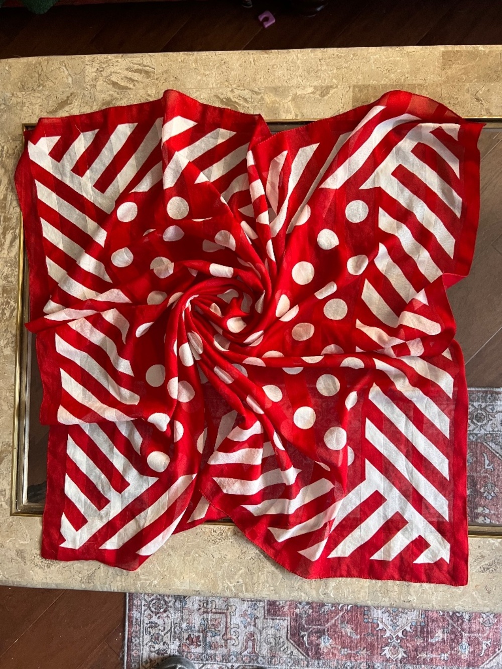 Vintage 'Acute' red square scarf with large white polka dots made in Italy